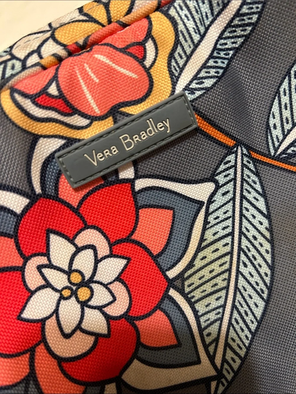 Vera Bradley Gray Floral Cosmetic Case with Red and Orange Accents